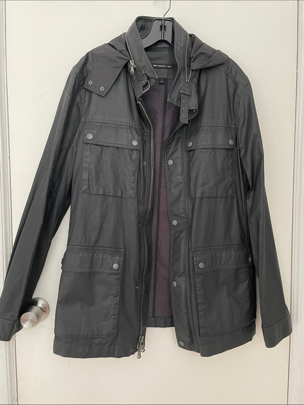 John Varvatos Men's Black Military Field Jacket with Removable Hood